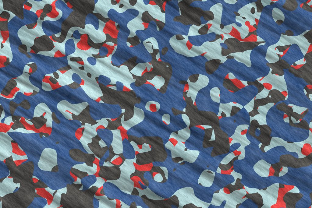 Blue Red Army Camouflage Background. Navy Military Camo Clothing Texture. Seamless Combat Uniform.