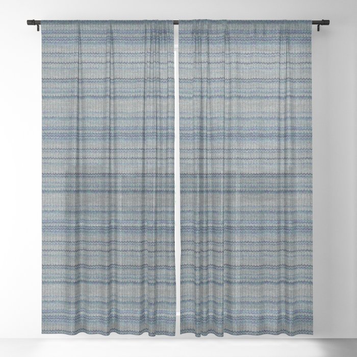 Blue Gray Striped Knitted Weaving Sheer Curtain