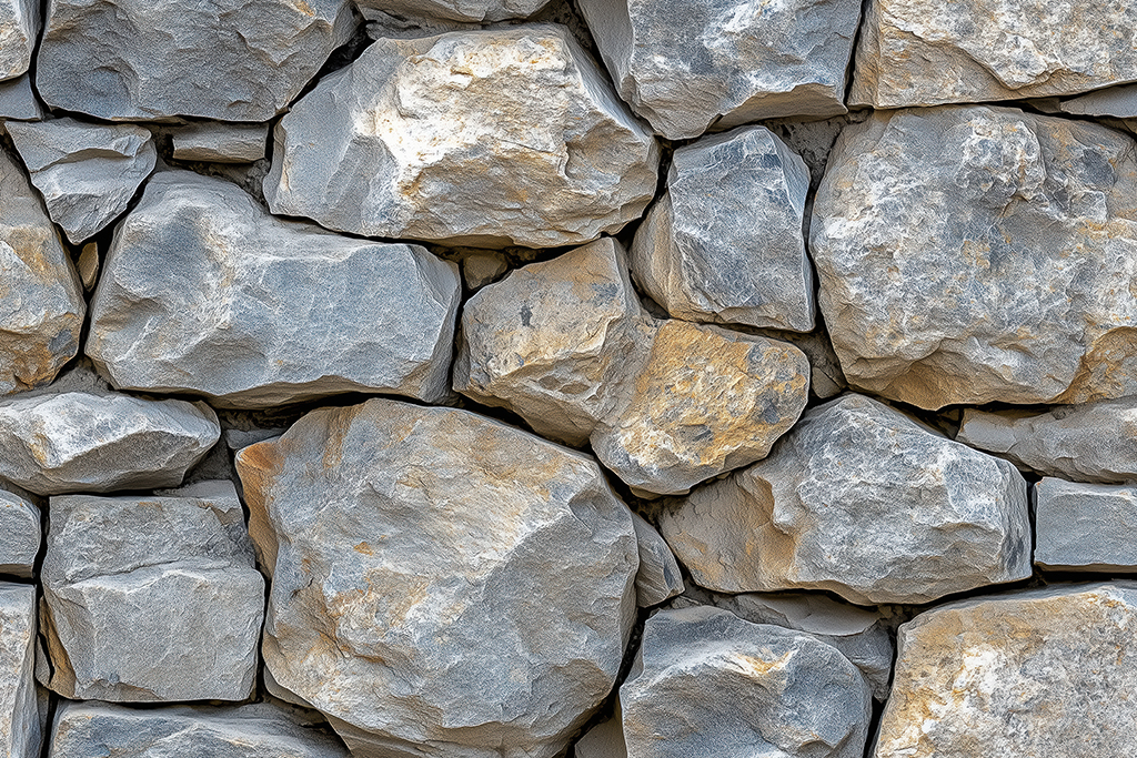 Textured stone wall made of various sizes of gray and beige stones, showcasing natural patterns and colors.