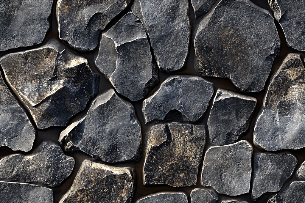 Irregularly shaped dark stones arranged in a pattern. The stones have a rough texture and varying shades of gray and black, creating a natural and rugged appearance.