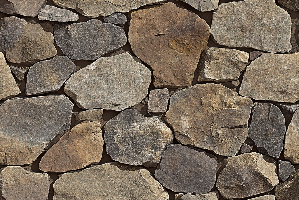 A textured wall made of various sizes and shapes of natural stones in earthy tones, showcasing a rustic and organic appearance.