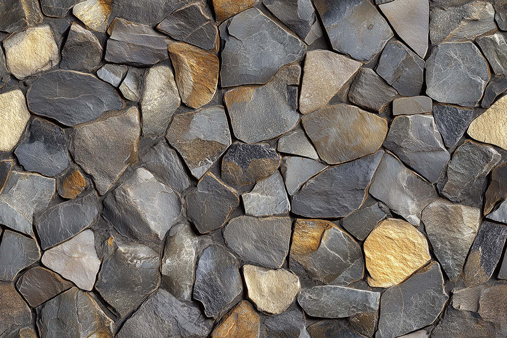 A textured wall made of various sizes and shapes of natural stones, featuring shades of gray, brown, and gold. The stones are arranged closely together, creating a rustic and earthy appearance.