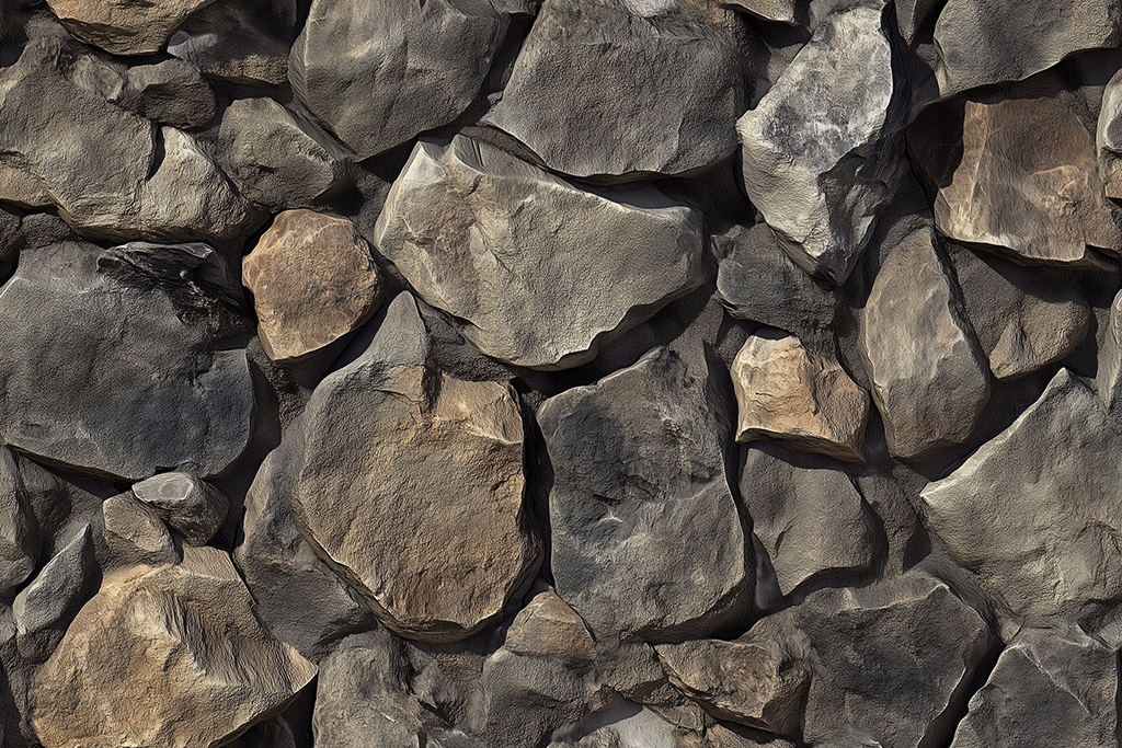 Textured stone wall made of various sizes and shapes of rocks, showcasing natural colors and patterns.