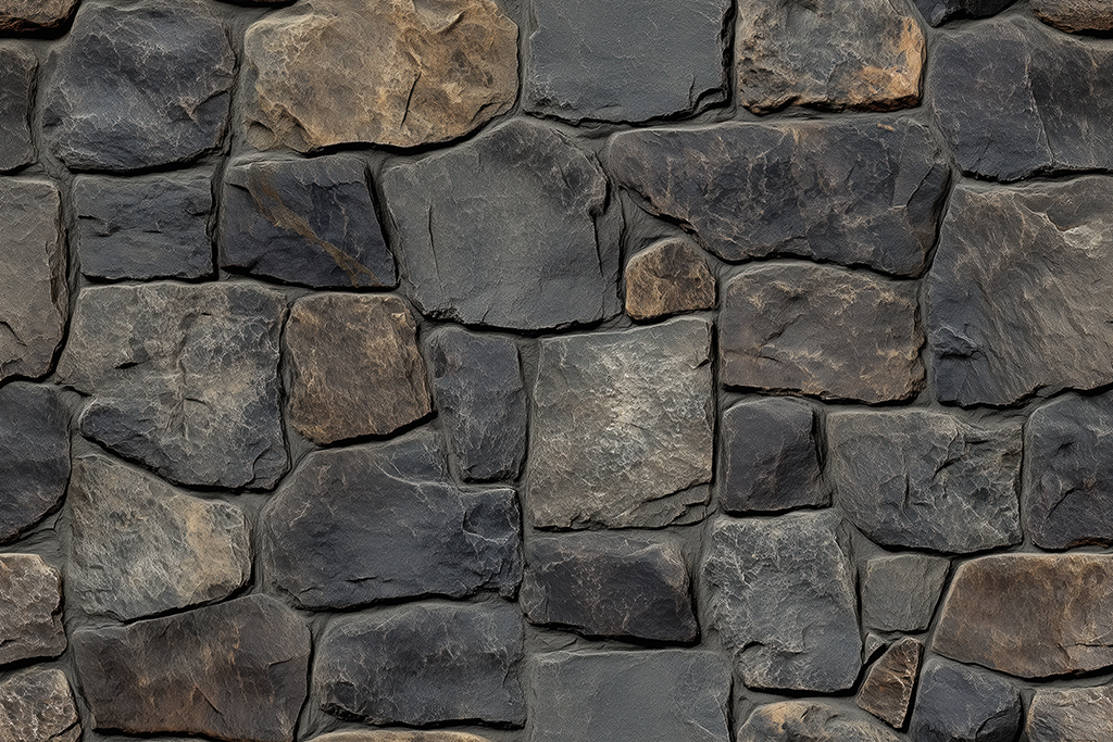 Textured stone wall featuring various sizes and shapes of dark and light stones arranged in a natural pattern.