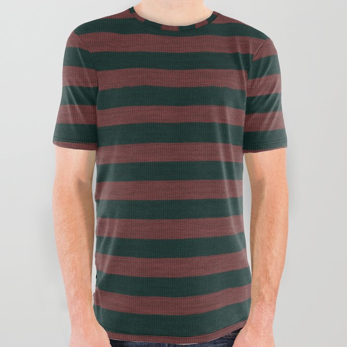 Red Dark Green Striped Knitted Weaving All Over Graphic Tee