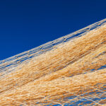 Nylon fishnet texture on the clear sky. Nautical marine background. Macro closeup.
