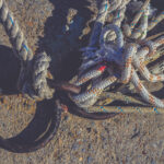Iron mooring rings. Lots of rope knots leading to moored boats. Concrete pier surface.