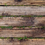 Wood planks with grass texture. Wooden beach way. Wooden boards background. Horizontal direction.