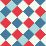 Red Blue White Large Diagonal Seamless French Checkered Pattern. Inclined Big Colorful Fabric Check Pattern Background. 45 degrees Classic Checker Pattern Design Texture.