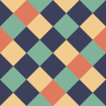 Yellow Orange Green Black Large Diagonal Seamless French Checkered Pattern. Inclined Big Colorful Fabric Check Pattern Background. 45 degrees Classic Checker Pattern Design Texture.