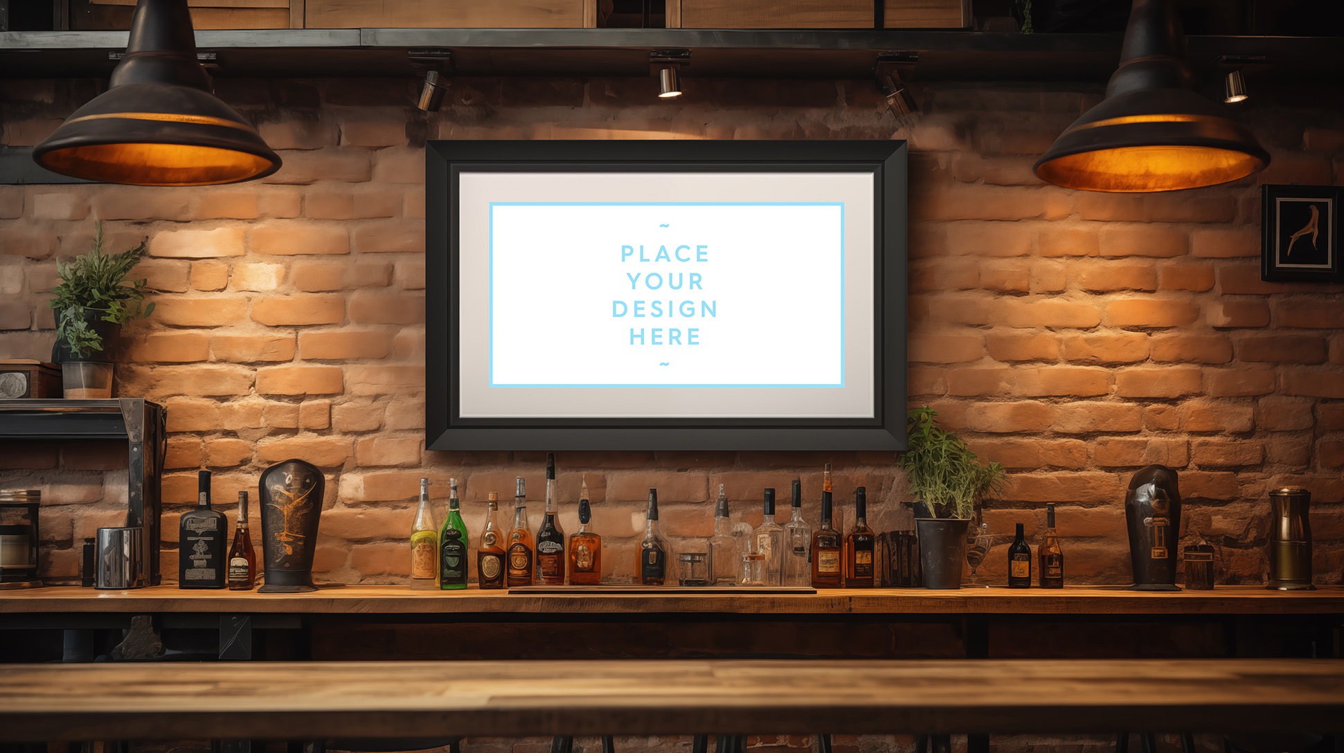 Framed picture canvas mockup in the bar. A stylish bar interior