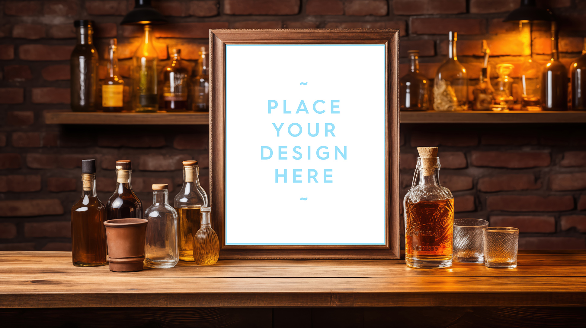 Framed picture canvas mockup in the bar. A rustic wooden bar wit