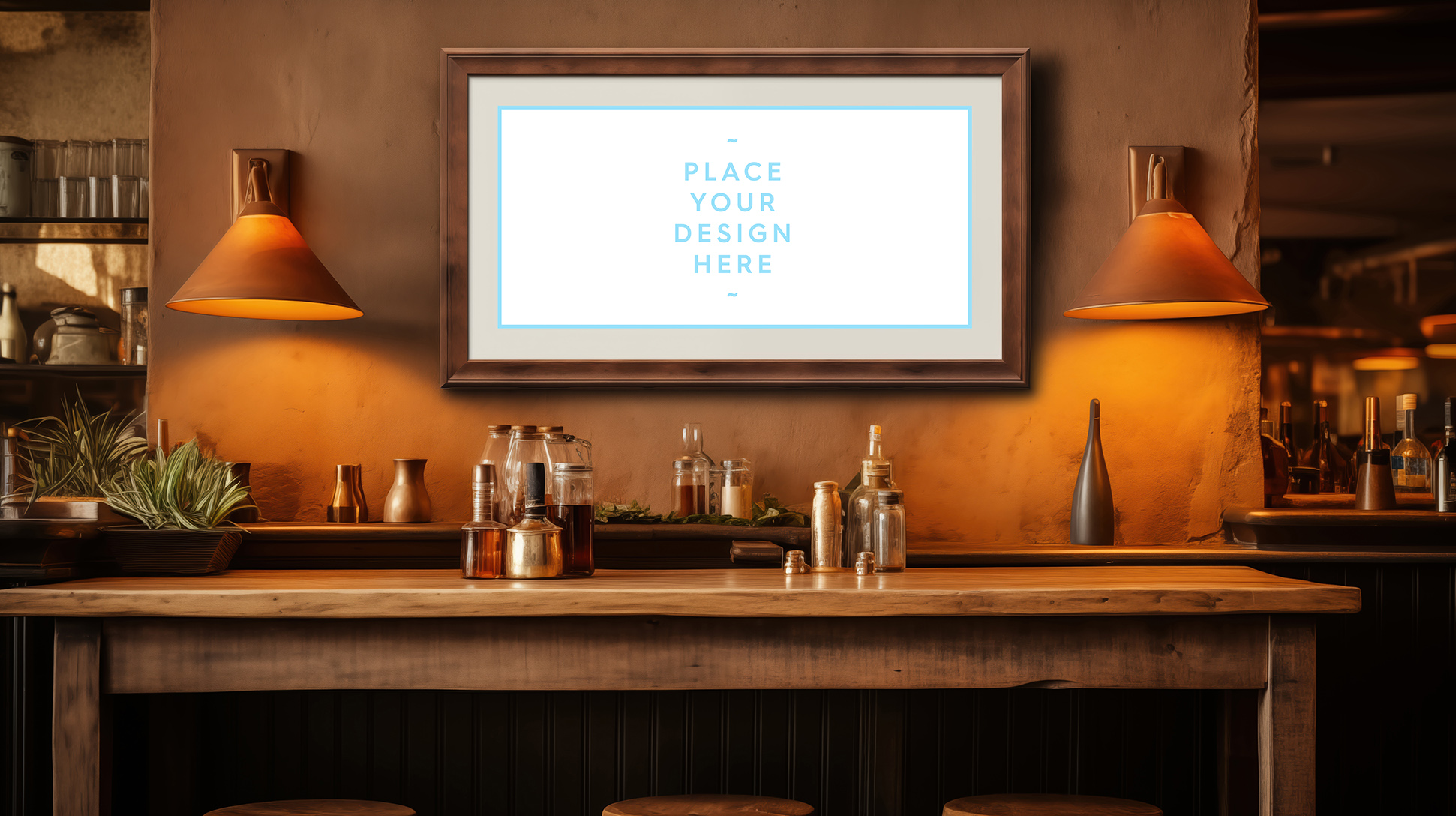 Framed picture canvas mockup in the bar. A cozy bar interior fea