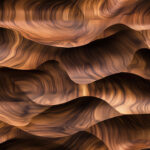An abstract texture resembling flowing waves of wood, showcasing rich brown and golden hues with smooth curves and undulating patterns.