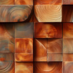 A textured wall made of wooden blocks in various shades of brown and orange, featuring circular patterns and smooth surfaces, creating a warm and artistic appearance.