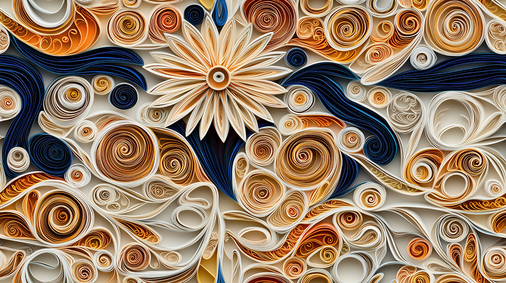 An intricate design featuring swirling patterns and a large flower, created with rolled paper in shades of cream, orange, and blue. The composition is vibrant and dynamic, showcasing a blend of organic shapes and textures.