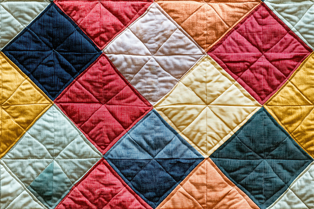 Colorful quilt featuring a diamond pattern with various shades including red, yellow, blue, and cream. The fabric is textured with a quilted design, showcasing a mix of warm and cool tones in a geometric arrangement.