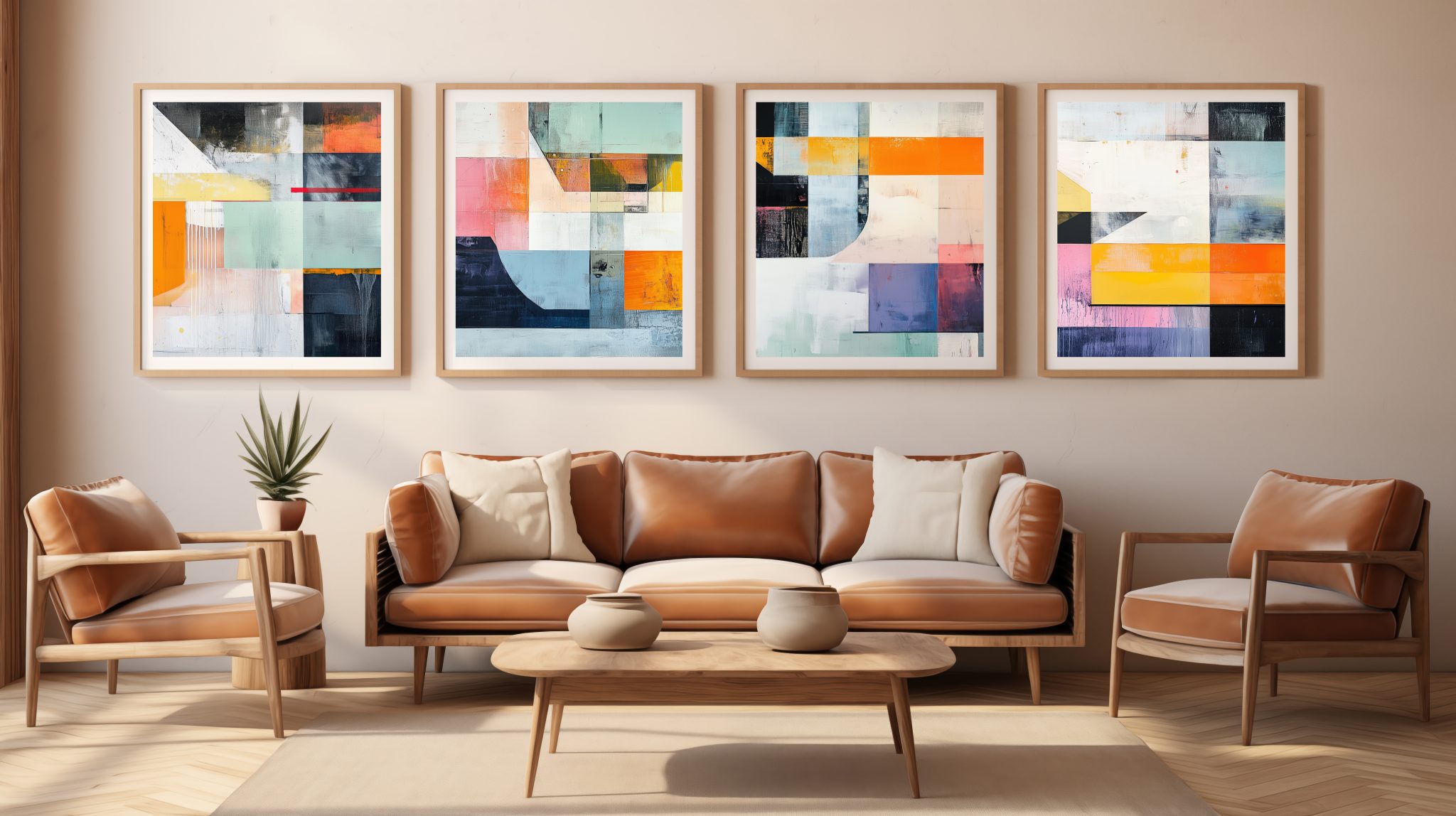 Living room framed picture canvas mockup. A modern living room featuring a stylish brown leather sofa with white cushions, accompanied by two matching armchairs. A wooden coffee table sits in front, and three empty picture frames mockup are mounted on the wall. A small potted plant adds a touch of greenery.